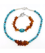 Turquoise Baltic Amber 925 Sterling Silver Necklace Bracelet Set - $183.15