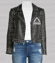 New Woman Black Full Silver Metallic Studded Brando Style Biker Leather Jacket - £199.83 GBP