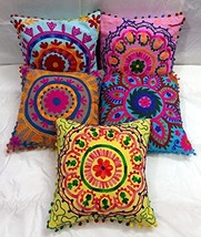 Set of 5 Pcs Indian Suzani Pillows, Embroidered Cushion Covers Colorful 16x16, D - £43.95 GBP