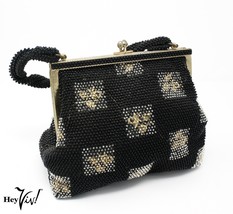 Vintage 50s Evening Purse Black &amp; Clear Beads over Gold Embroidery 8x7 -... - £31.46 GBP