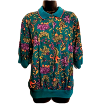 Season Ticket Womens Top size Large to XL Teal Floral Print Banded Blouse - $11.88