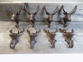 8 Rustic Elk Deer Moose Head Hooks Cast Iron Coat Hook Rack Restoration Hat  - £40.17 GBP