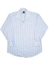 Vintage Panhandle Slim Western Shirt Mens 17 34 Blue Striped Pearl Snap USA - £34.71 GBP
