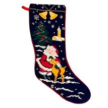 Christmas Stocking Needlepoint Navy Blue Red Santa Rudolph Tree Snow Hol... - $17.00