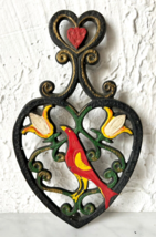 Vintage Folk Art Cast Iron Heart Shape Trivet Red Bird of Happiness with Flowers - £14.85 GBP
