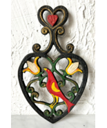 Vintage Folk Art Cast Iron Heart Shape Trivet Red Bird of Happiness with... - $25.90 CAD