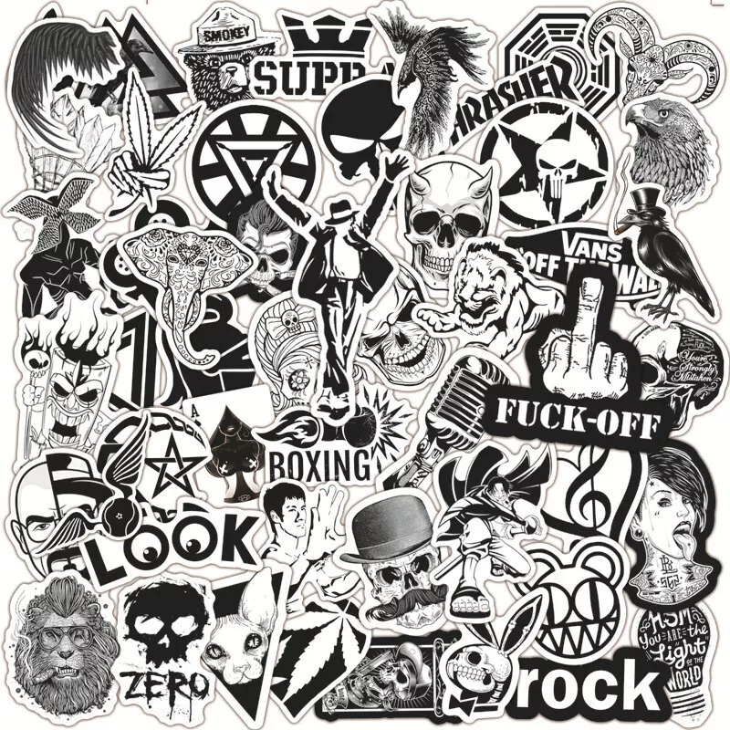 50pcs Waterproof Vinyl Black and White Skateboard Stickers, Laptop Stickers - $9.99