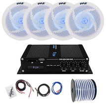 Pyle Marine 4-CH Bluetooth Amplifier w/Kit, 4x 4&quot; 100W Blue LED Speakers, Wire - £239.83 GBP