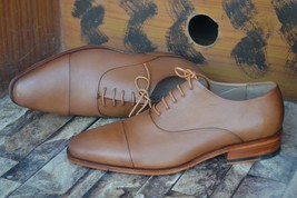 Bespoke Men Handmade Tan Color Genuine Leather Cap Toe Lace Up Oxford Custom Sho - £160.05 GBP