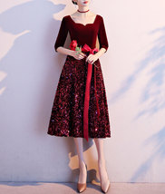 Wine Red Half Sleeve Velvet Midi Dress Custom Plus Size Bridesmaid Midi Dress image 3