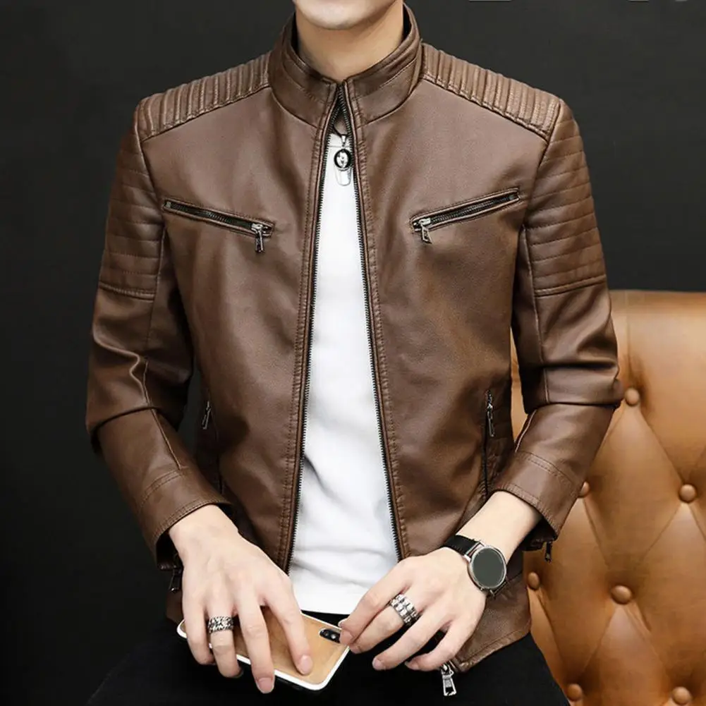 Mens Motorcycle Leather Jacket Slim Fit Short-Coat Lapel PU Jackets Autumn New - £28.54 GBP+