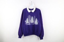 Vtg 90s Country Primitive Womens L Faded Christmas Snow Tree Collared Sw... - £34.35 GBP