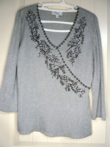 Women’s Beaded Glittery Silver V-Neck 3/4 sleeved Top Sz L Dress Barn Collection - £9.30 GBP