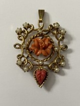 Vintage Faux Carved Coral Pearl Pendant Brooch Rose and Leaves GLOWS!!! - £22.36 GBP