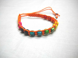 Fun Orange Macrame W Rainbow Wood Beads Blue Green Red Tie On Bracelet Or Anklet - £3.98 GBP