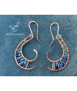 Handmade copper earrings: nautilus curve with wire weave and blue beads - £25.06 GBP