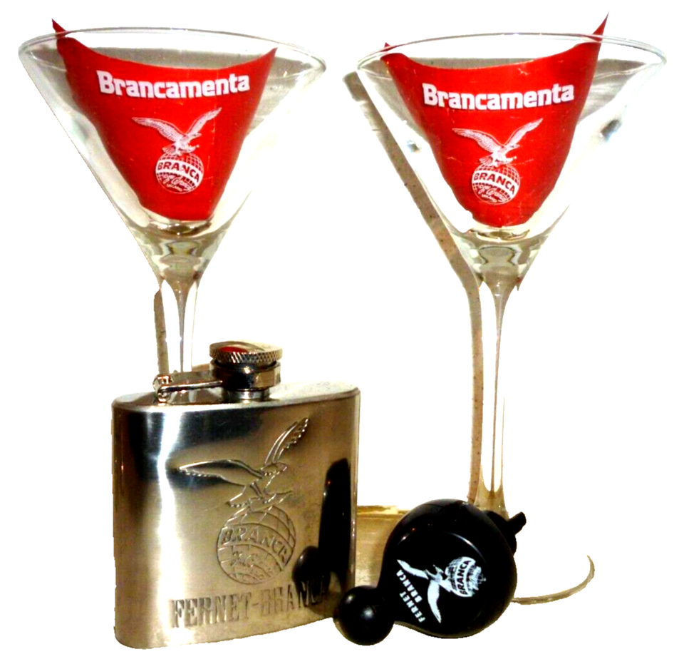 6 Fernet Brancamenta Cocktail / Shot Glasses, 1 Fernet Pourer &amp; Flask - $124.95