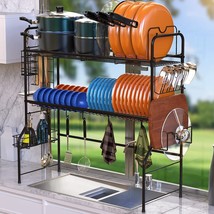 Over The Sink Dish Drying Rack 2 Tier Organizer Shelf with Pan and Pot Rack - £47.15 GBP