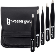 Tweezers Set 5-Piece - Tweezer Guru Stainless Steel Slant Tip and Pointed Eyebro - £11.67 GBP