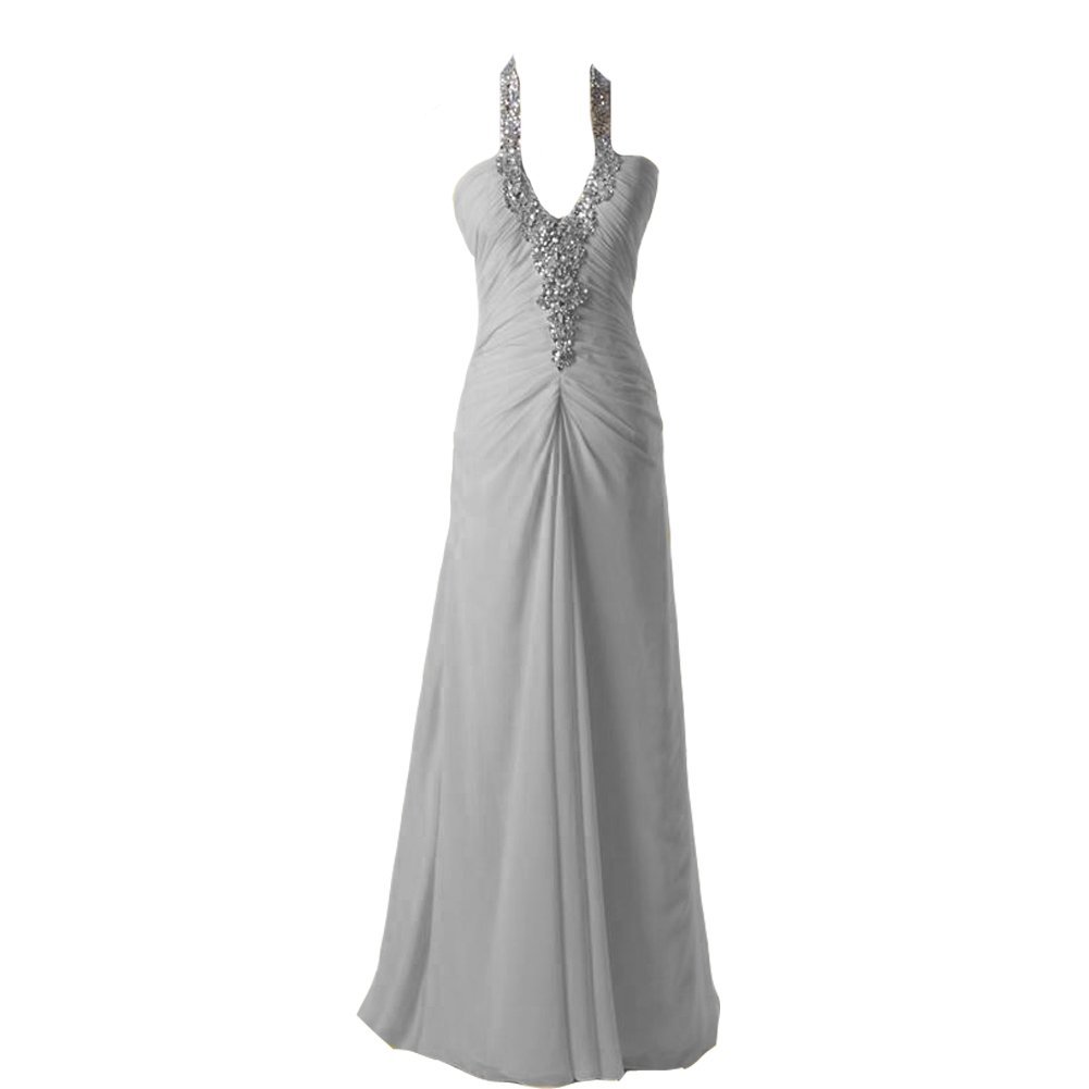 Kivary Women's Chiffon V Neck Halter A Line Beaded Sequins Formal A Line Prom Ev