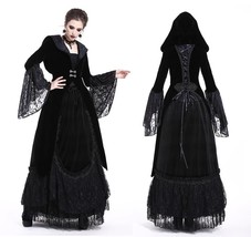 Black Velvet Victorian Gothic Hooded Bell Sleeved Goth Jacket Spring Fal... - $76.80