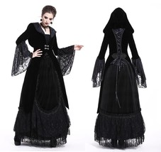 Black Velvet Victorian Gothic Hooded Bell Sleeved Goth Jacket Spring Fal... - £60.68 GBP