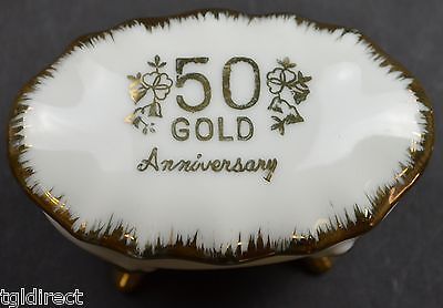 Primary image for Vintage 50th Anniversary Footed Trinket Box Gold Embellishment Keepsake Decor