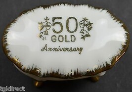 Vintage 50th Anniversary Footed Trinket Box Gold Embellishment Keepsake ... - £10.11 GBP