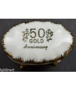 Vintage 50th Anniversary Footed Trinket Box Gold Embellishment Keepsake Decor - $12.59