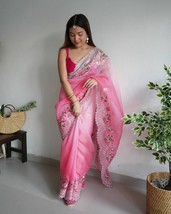 Pure Organza Saree Handwork and Sequins Cut work Border, Indian Traditional Cock - £97.36 GBP