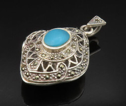 925 Sterling Silver -  Vintage Turquoise &amp; Marcasite Pendant (OPENS) - PT20572 - £46.73 GBP