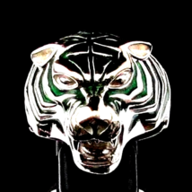 Sterling silver men&#39;s Animal ring Vicious Tiger with Green enamel stripes high p - £90.06 GBP