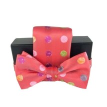 Barcelona Men&#39;s Bow Tie &amp; Hanky Set Coral Lime Green Pink Silver Polka Dot - £16.23 GBP