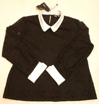 Karl Lagerfeld Paris Black Lace Blouse Sz-L with White Collar and Pearls - £31.34 GBP