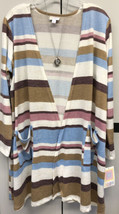 NWT LuLaRoe Large White Brown Maroon Pink Blue Striped Caroline Cardigan Sweater - £27.25 GBP