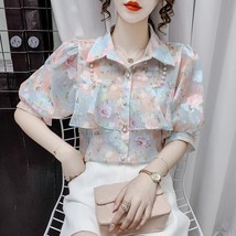Summer Short Sleeve Blouse Women Beading Ruffles Print Chiffon Blouse Shirt Tops - £40.22 GBP