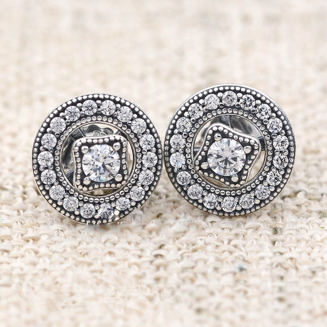 925 Sterling Silver Vintage Allure with & Clear CZ Stud Earrings