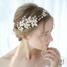 Rose Gold Tiara Wedding, Floral Leaf Bridal Hair Crown, Bride Headband, Gold Lea - £31.93 GBP