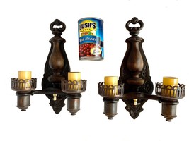 Antique Pair Sconce Lights Cast Iron Wood Brass Restored Early 1900s - £47.89 GBP