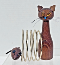 Vintage Wood Cat &amp; Mouse w Wire Letter Holder Rack Glass Eyes Leather Tail - $28.22