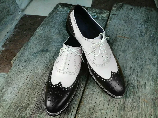 New Handmade Men Black &amp; White Leather Formal Wing Tip Brogue Lace Up Dr... - $149.99+