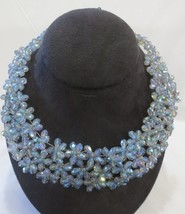 Makamol Blue Glass Beaded Choker Statement Necklace Floral Sparkles - £27.97 GBP