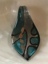 Estate Large Turquoise &amp; Silver w Goldtone Accent Fused Art Glass Pinched Teal - £8.28 GBP