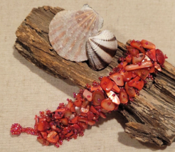 Mother of Pearl Red Sea Shell Dyed  &amp; Seed Bead Woven Wide Band Bracelet - £9.15 GBP
