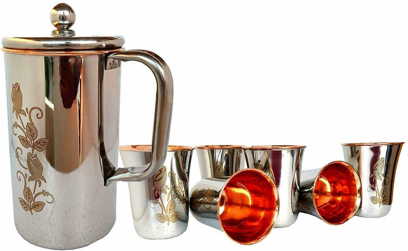 Set of 6 Glassand 1 Jug Drink ware Set, Outside Steel Pitcher set Flower Design - $125.75