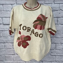 Vintage Tobago Short Sleeve Sweater Size L Beige Floral Island Travel Wo... - £22.87 GBP