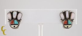 Argento Sterling Lapidario Intarsio Orso Zampa Clip-On Orecchini Zuni - £143.21 GBP