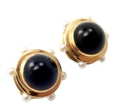 Vintage Authentic Rare Tiffany &amp; Co. 18k Yellow Gold Pearl Onyx Earrings - £5,099.64 GBP