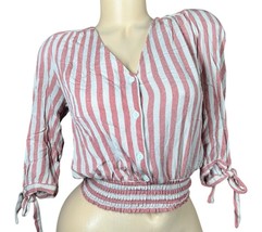 Faith and Joy Sz S Cropped 3/4 Sleeve Blouse Top Pink Beige Striped Naut... - $14.84