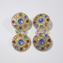 80s Statement Clip Earrings Goldtone Discs Star Pattern Multi Color Rhinestones - £23.44 GBP